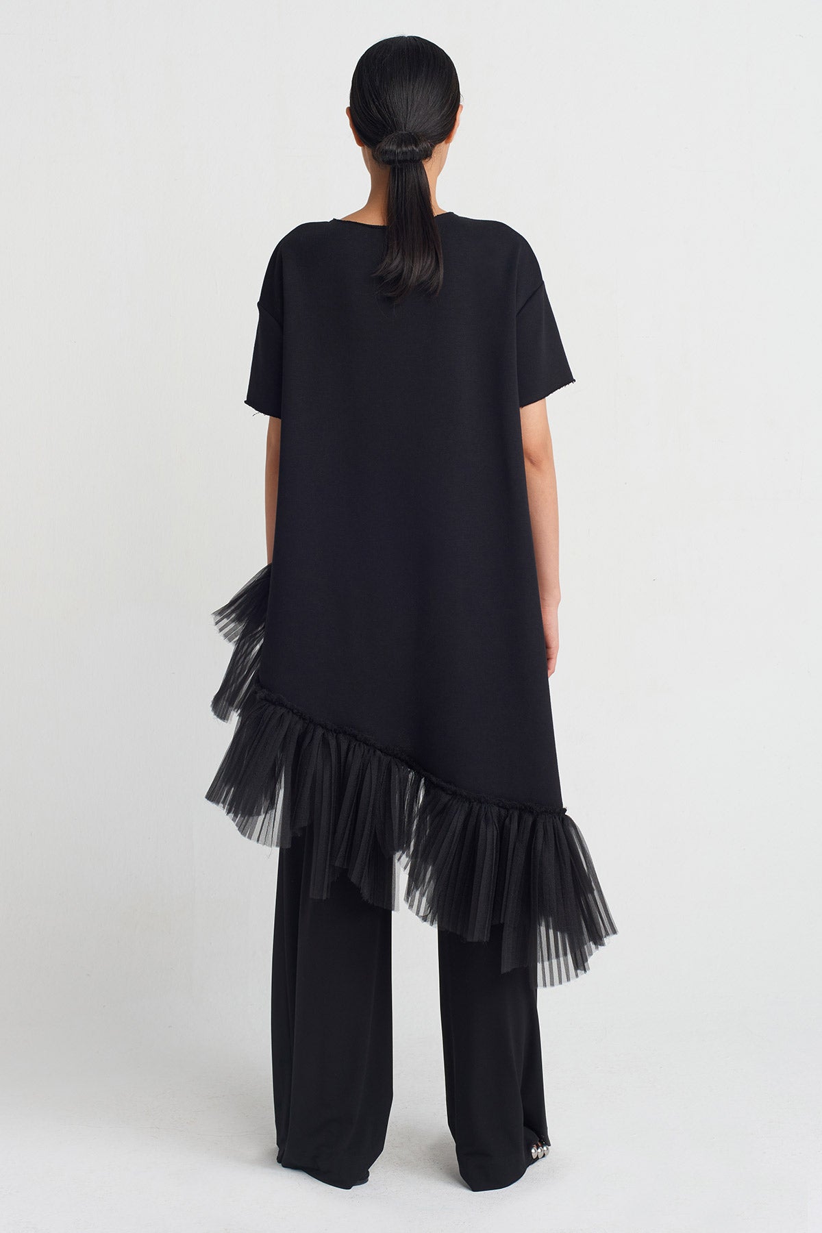 Black/Silver Pleated Hem, Printed Blouse-Y251011109