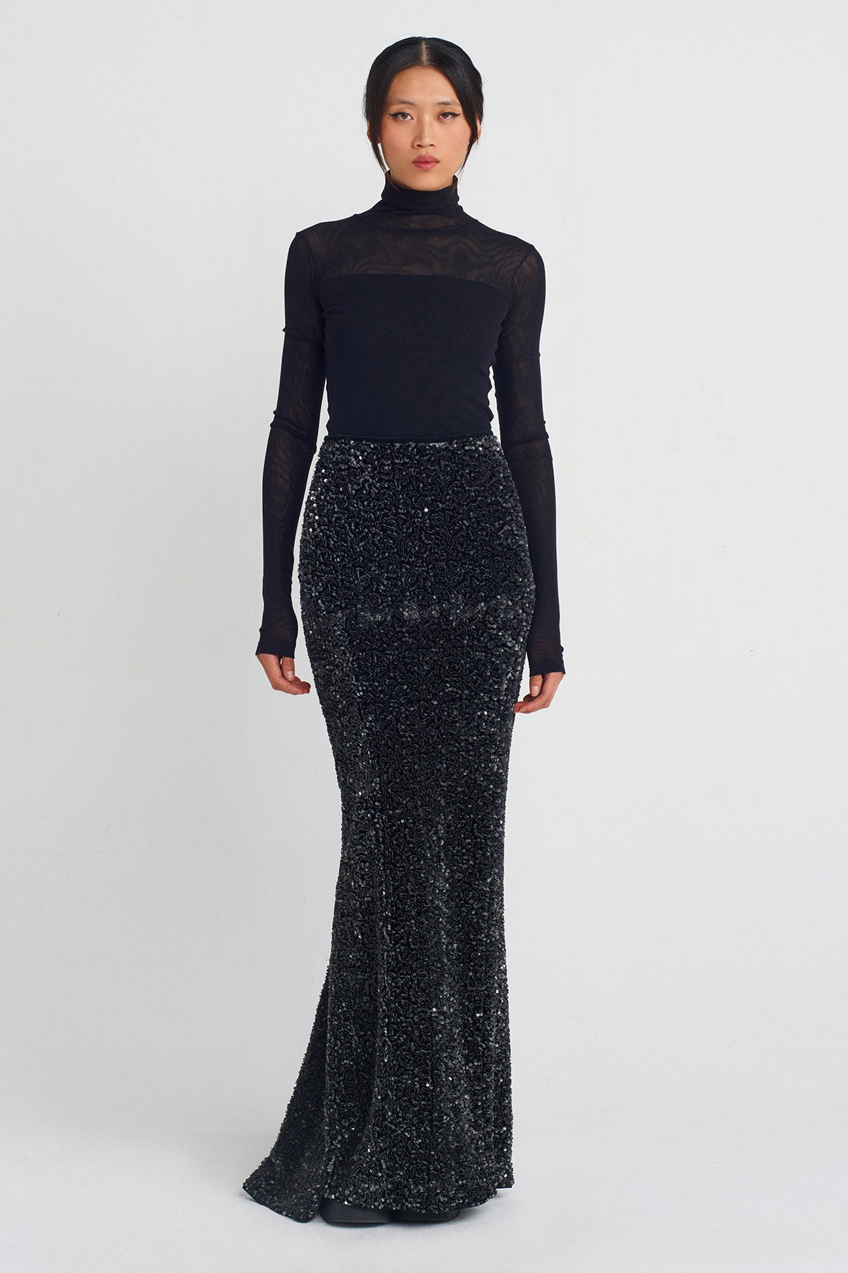 Black Sequin Fish Tail Skirt-Y252012001