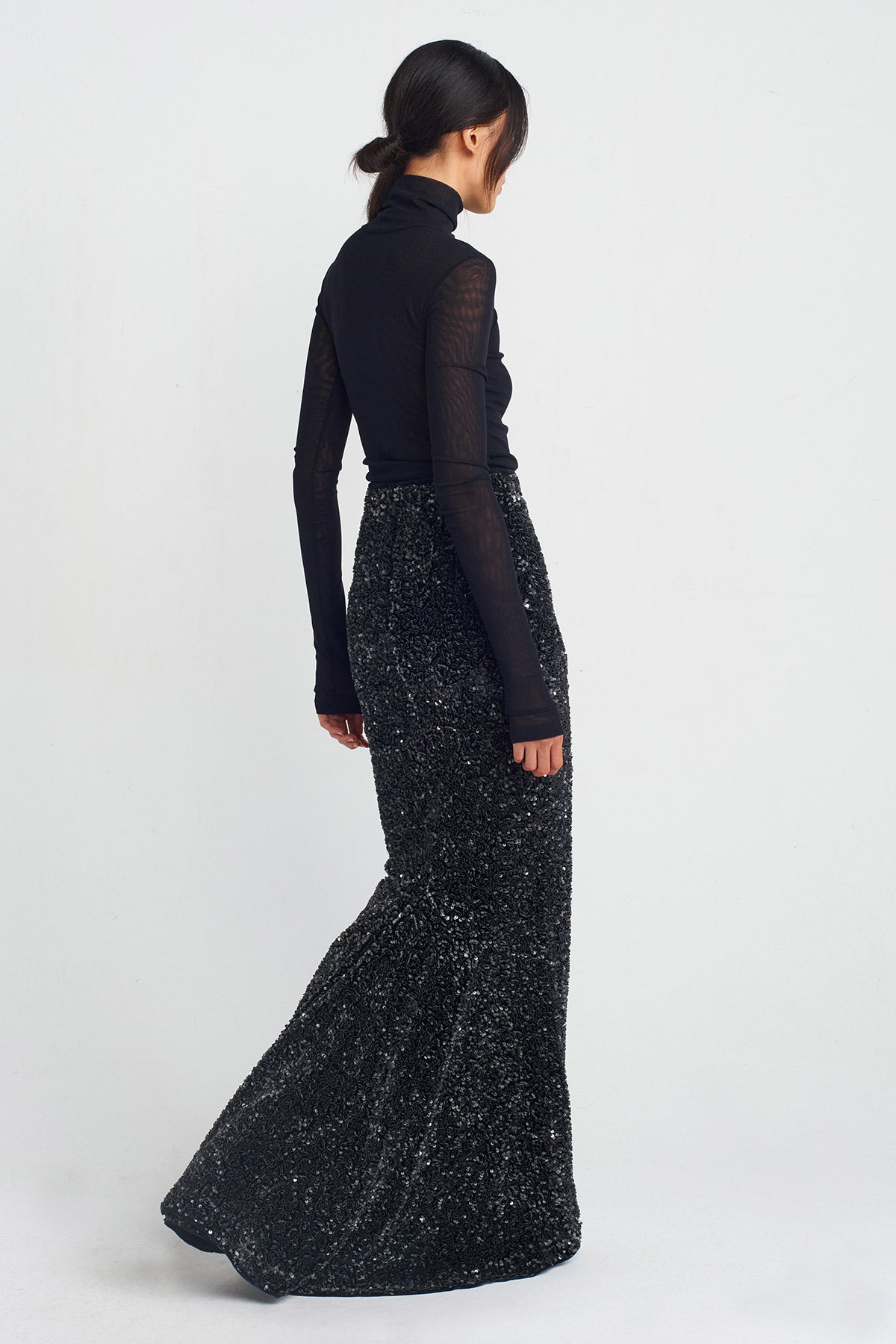 Black Sequin Fish Tail Skirt-Y252012001