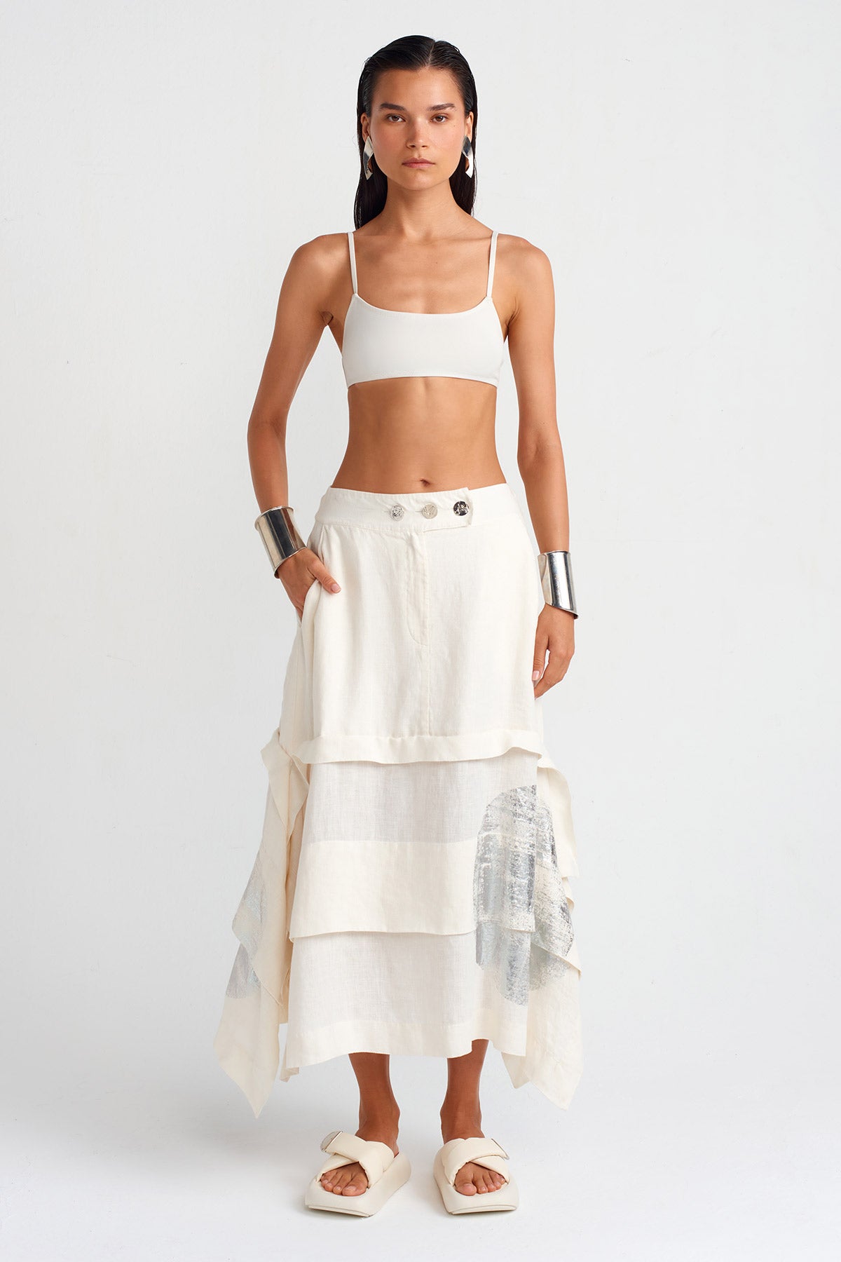 Silver Printed Linen Skirt-Y252012007