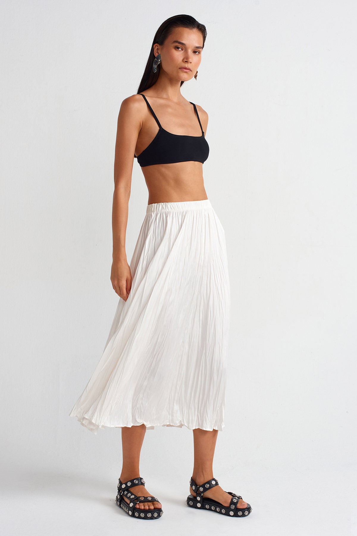 Off White Wrinkled Effect Satin Midi Skirt-Y252012009