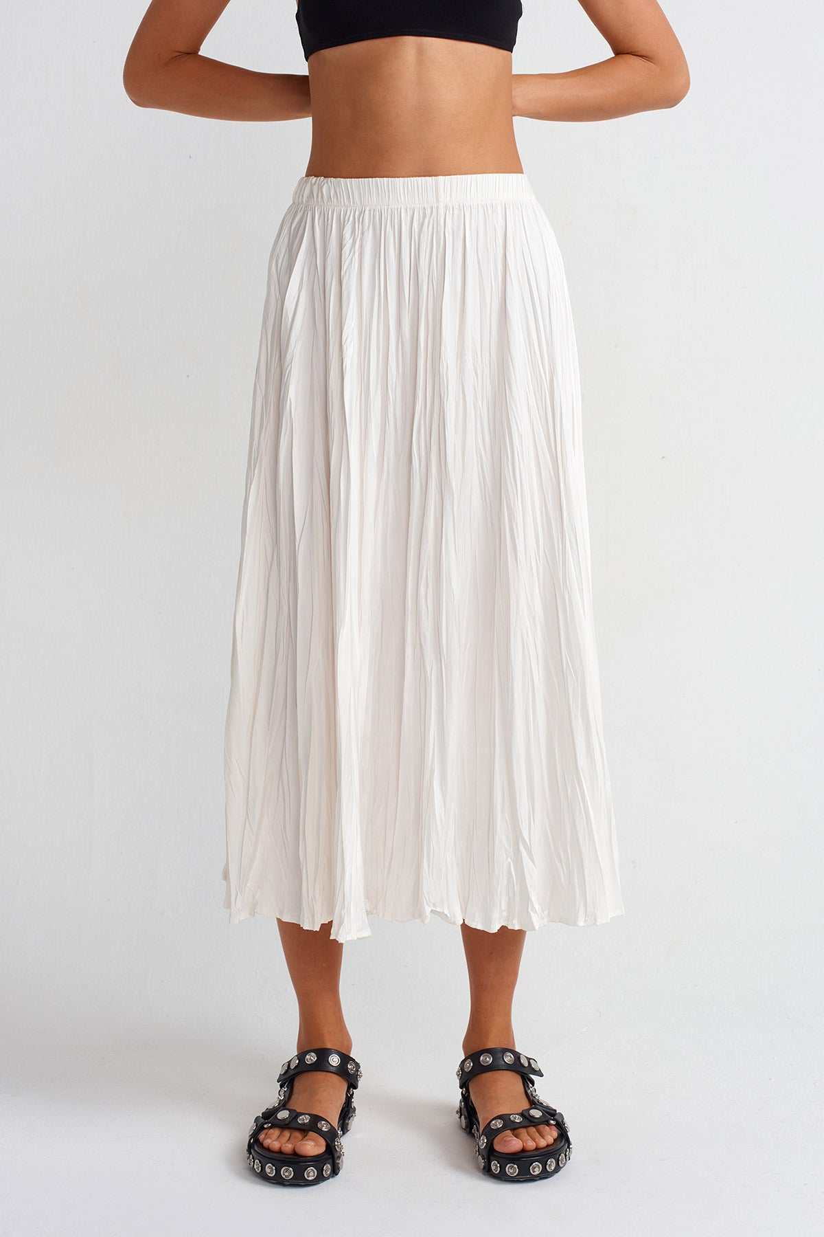 Off White Wrinkled Effect Satin Midi Skirt-Y252012009