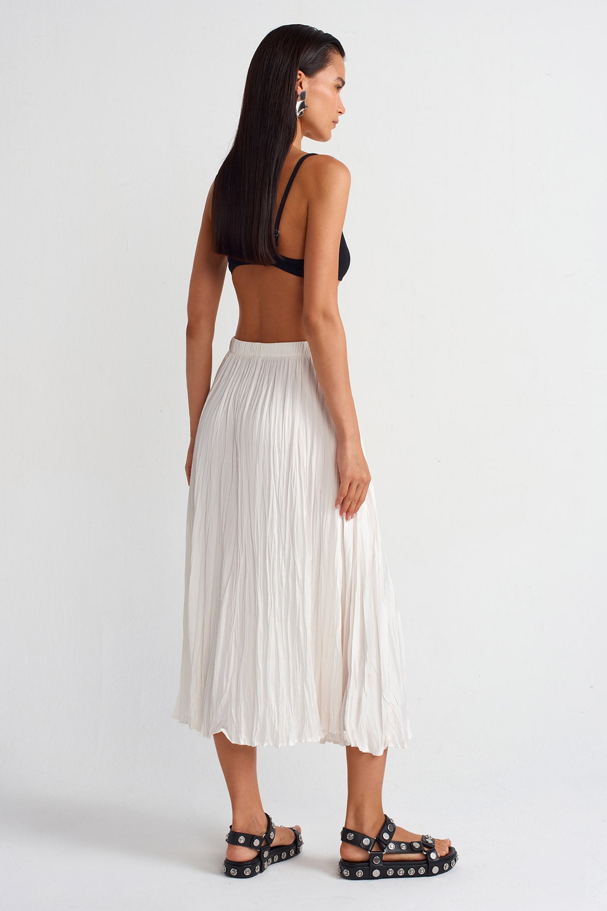 Off White Wrinkled Effect Satin Midi Skirt-Y252012009