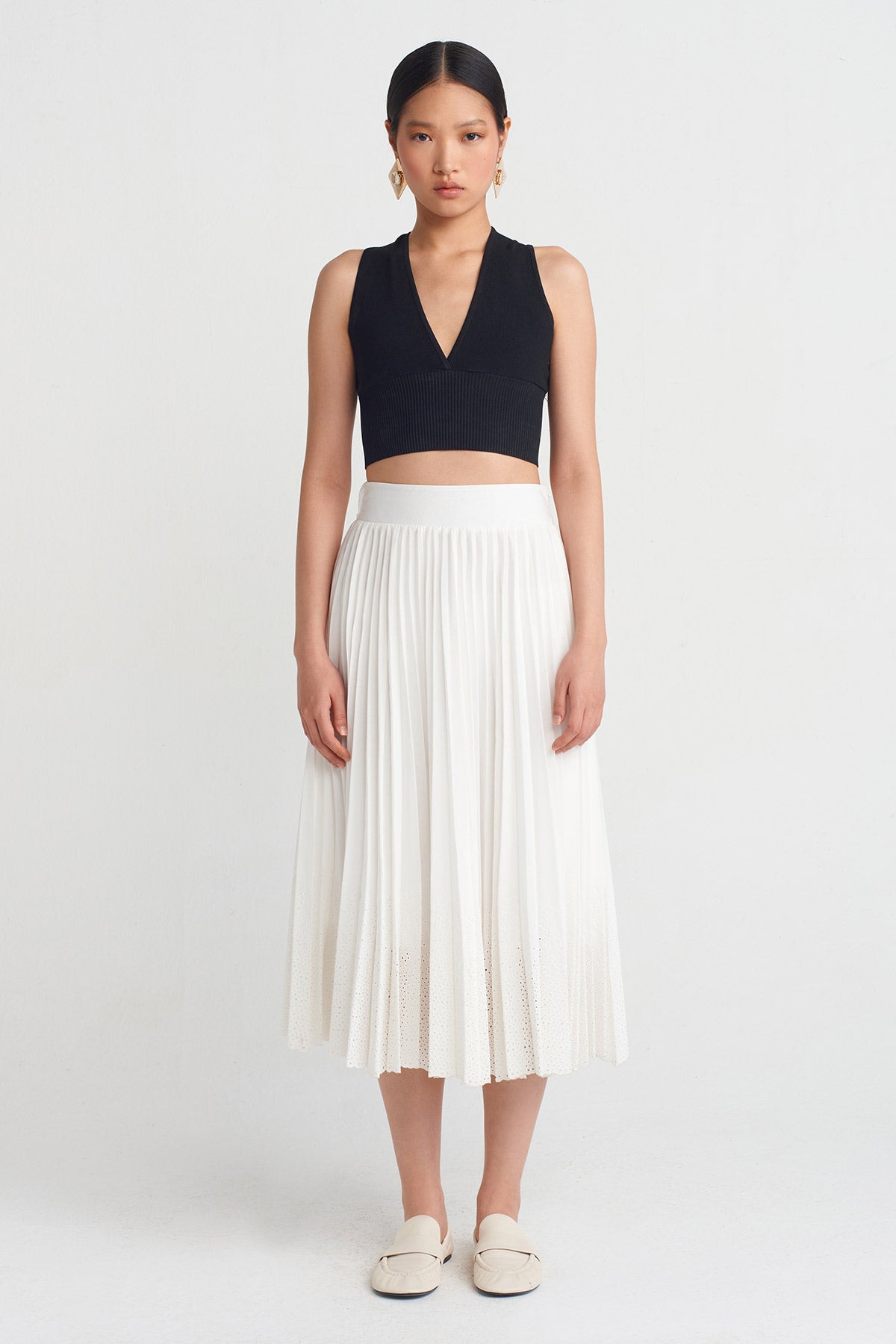 Off White Pleated Lace Skirt-Y252012015