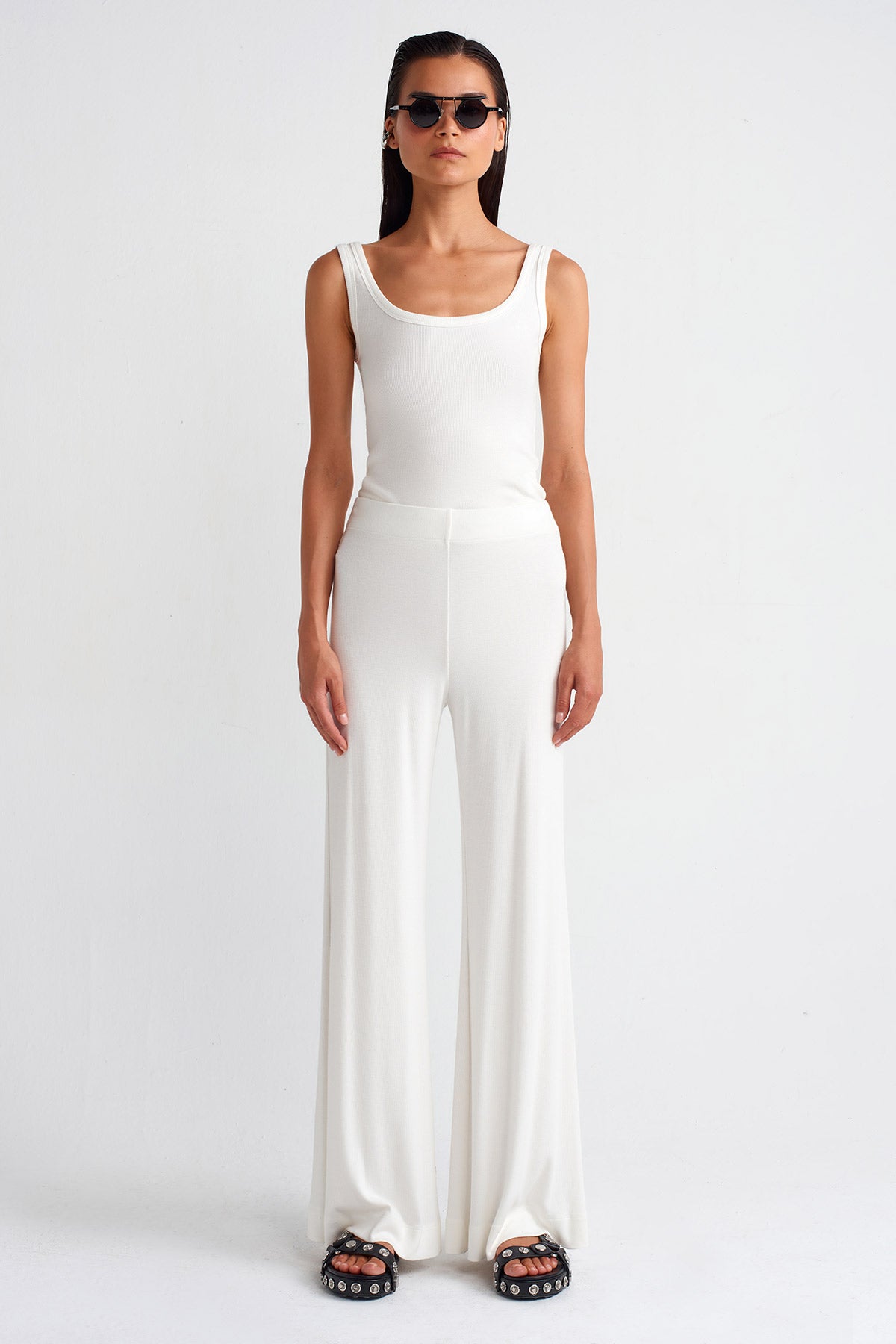 Off White Ribbed Trousers-Y253013006