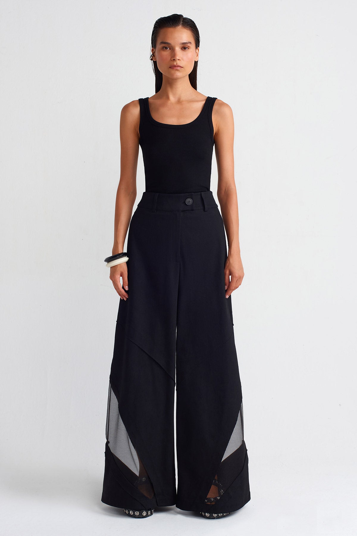 Black Organza Detailed Denim Trousers-Y253013007