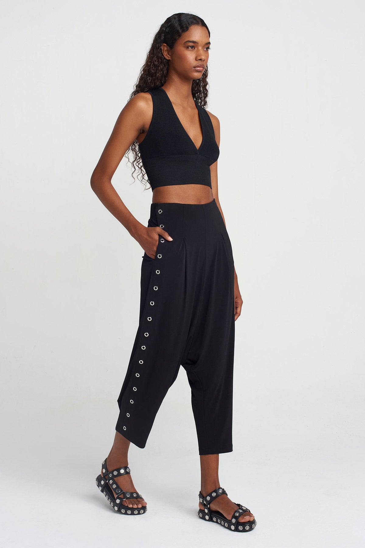 Black Eyelet Jersey Harem Pants-Y253013016