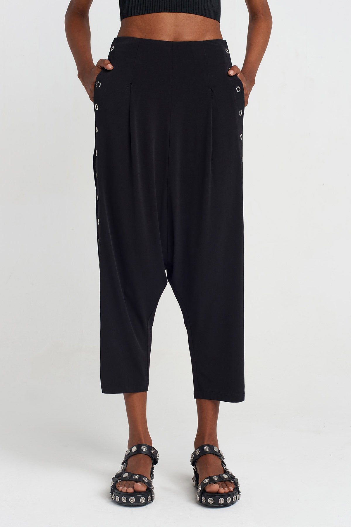 Black Eyelet Jersey Harem Pants-Y253013016