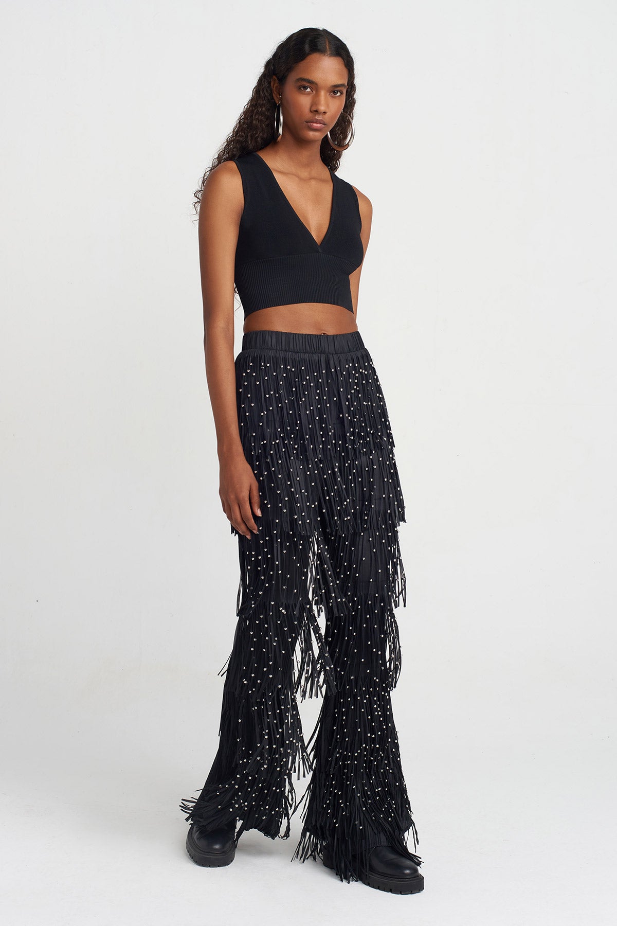 Black Fringed Pleated Pants-Y253013018