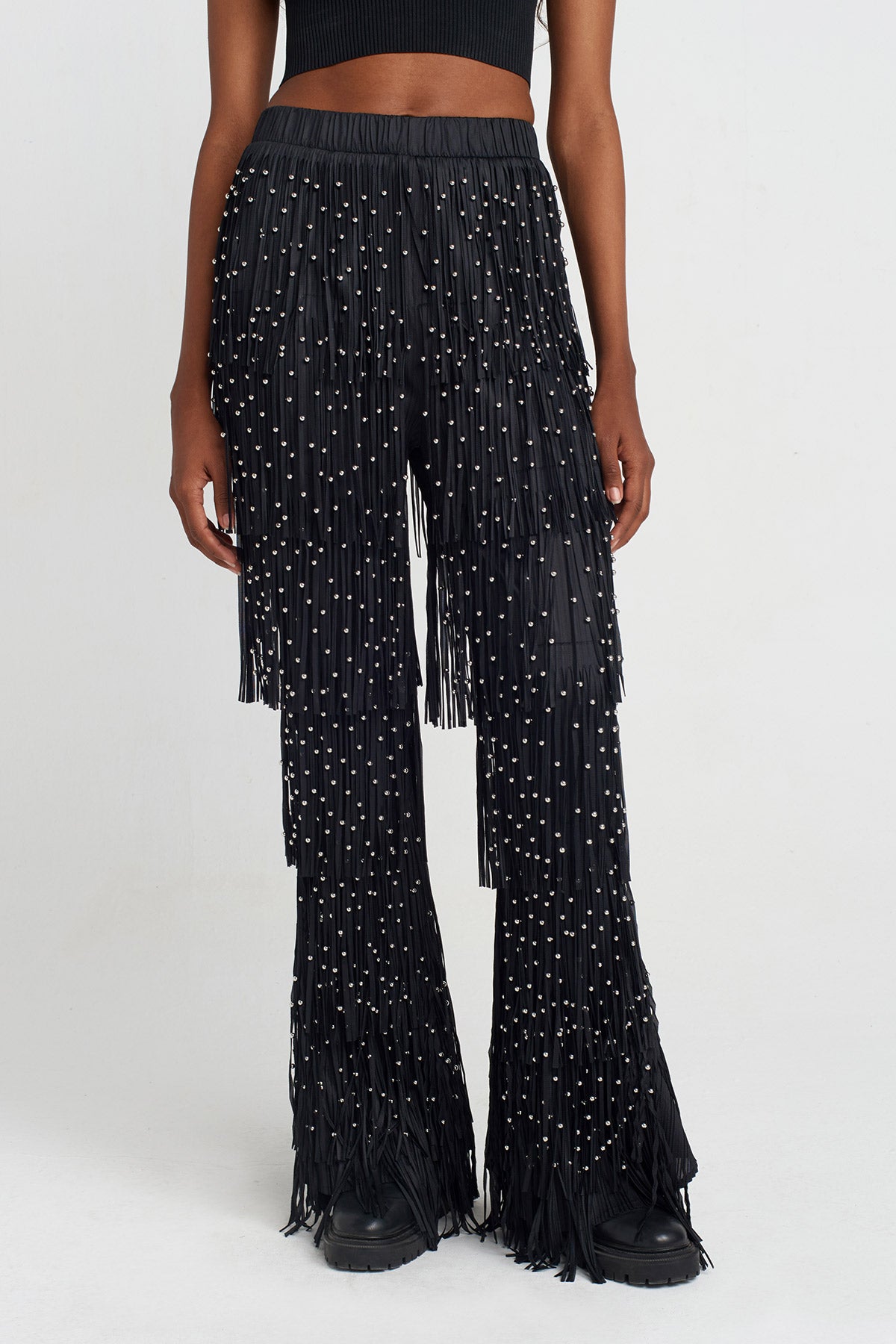 Black Fringed Pleated Pants-Y253013018