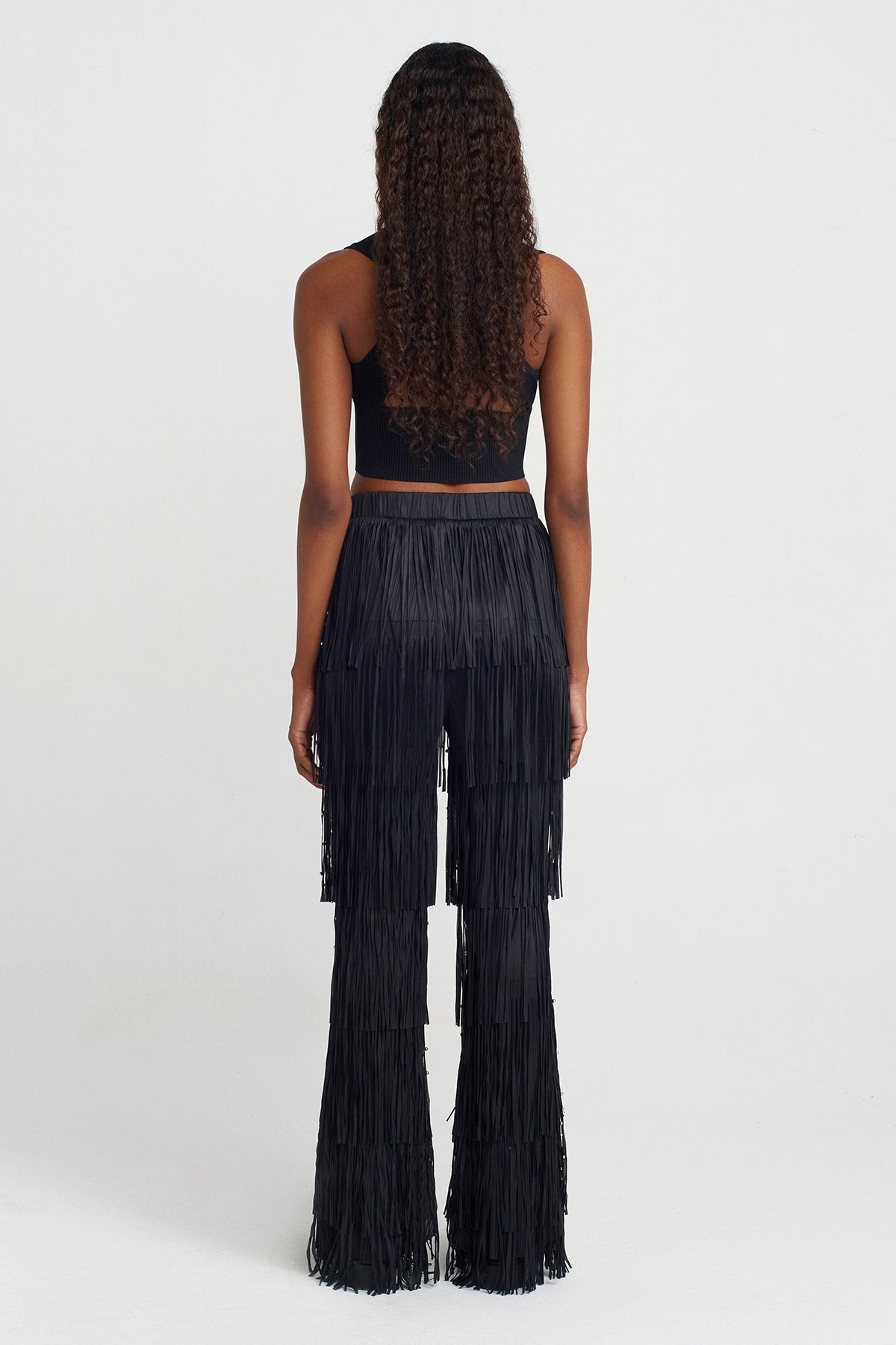 Black Fringed Pleated Pants-Y253013018