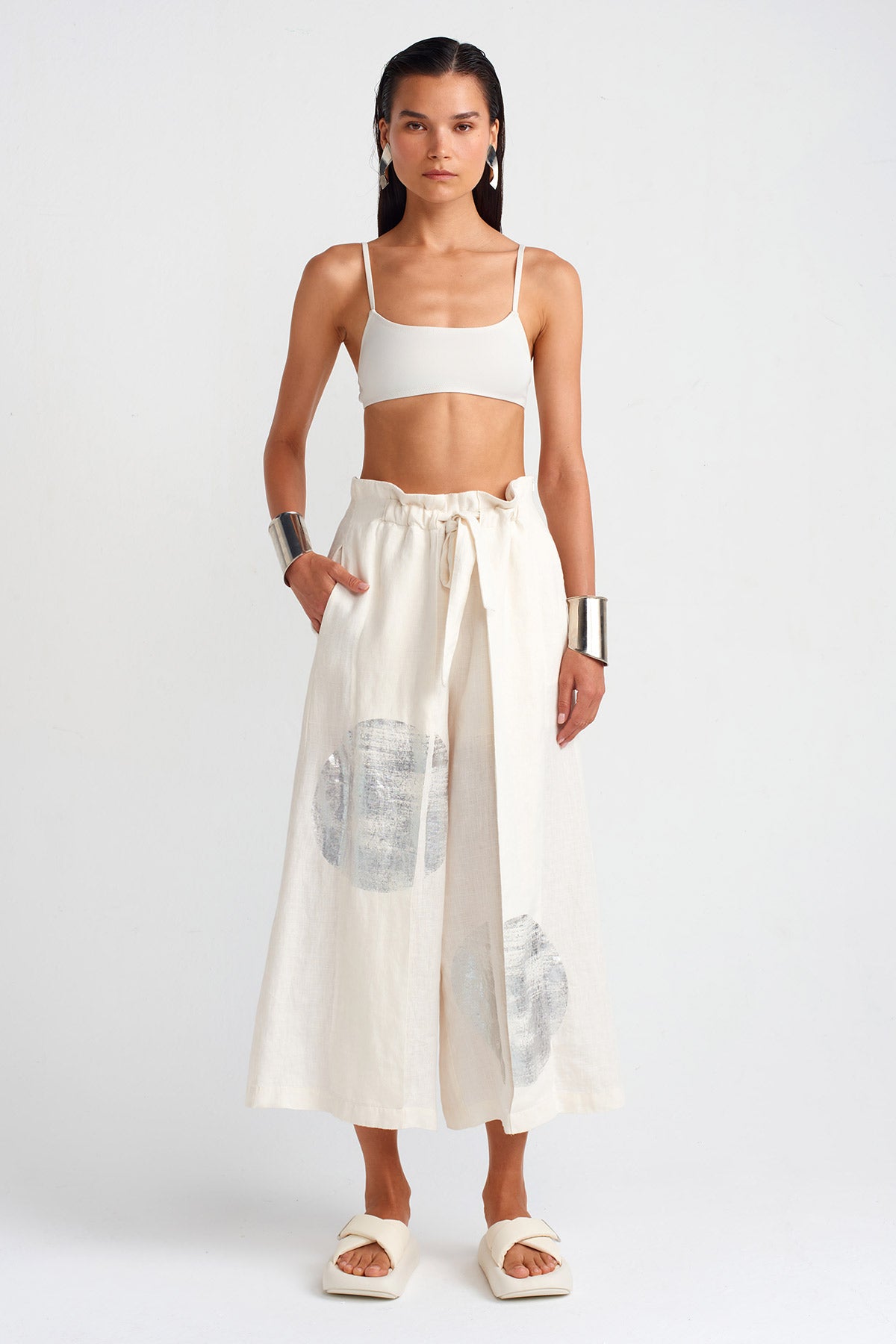 Silver Printed Linen Trousers-Y253013027