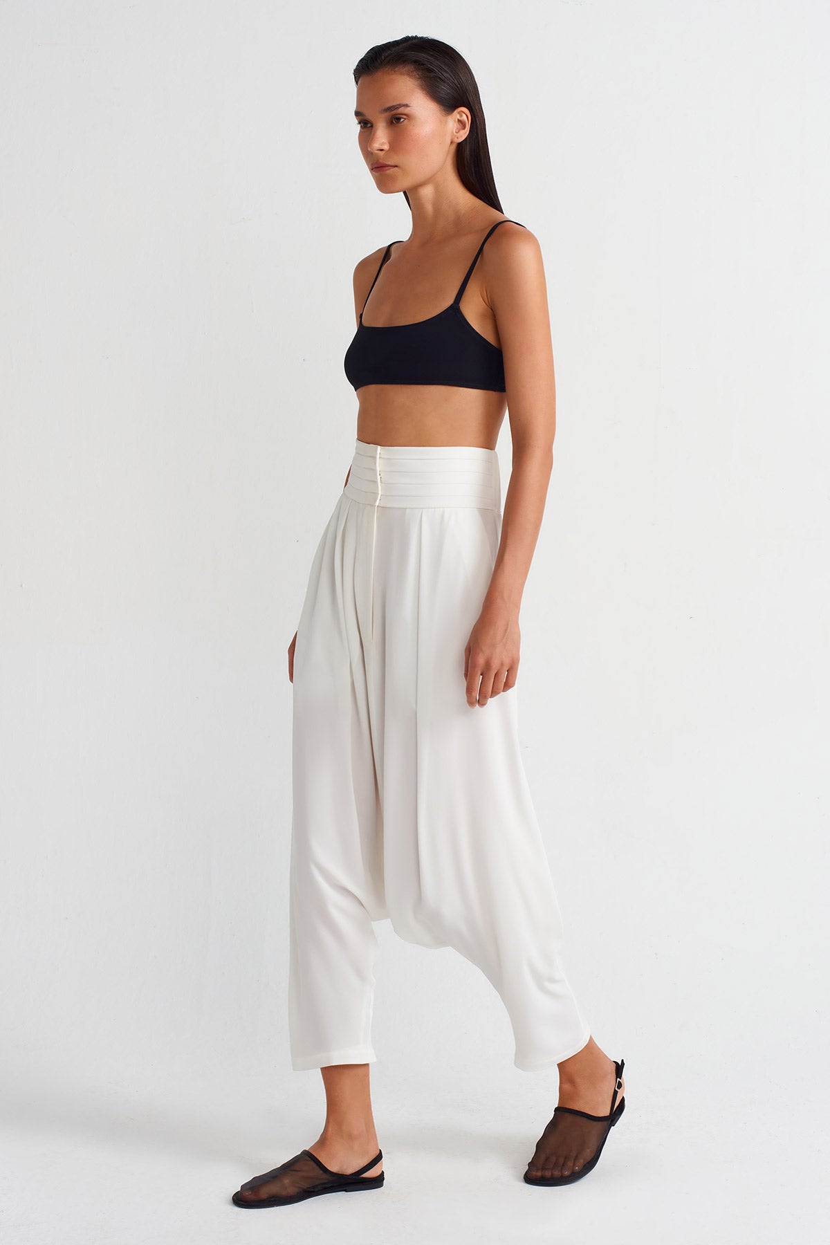 Off White High-Waisted Elegant Chiffon Harem Pants-Y253013032