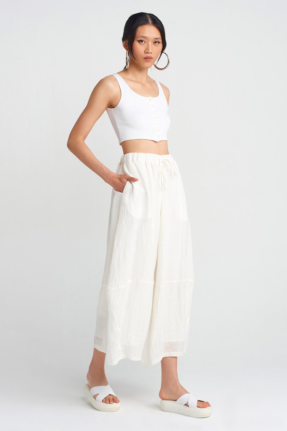 Off White Linen Midi Pants-Y253013055