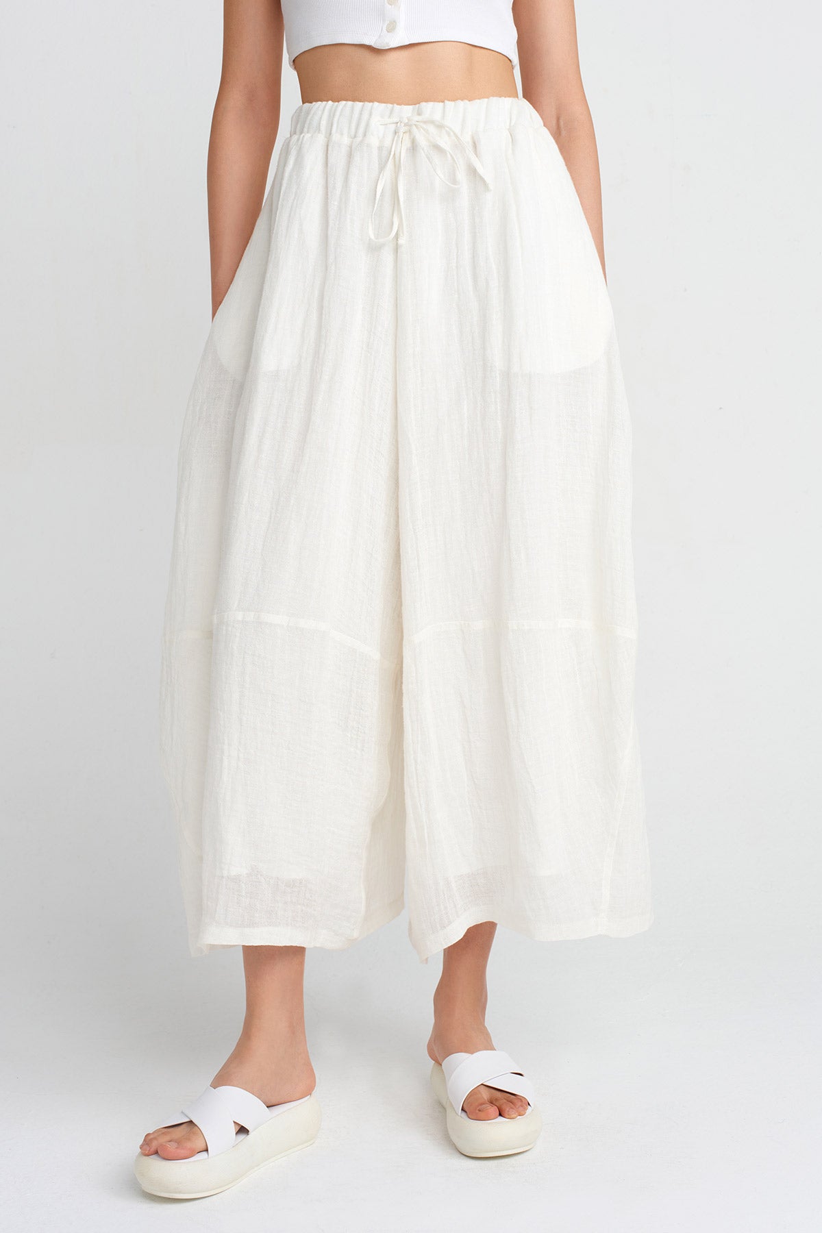 Off White Linen Midi Pants-Y253013055