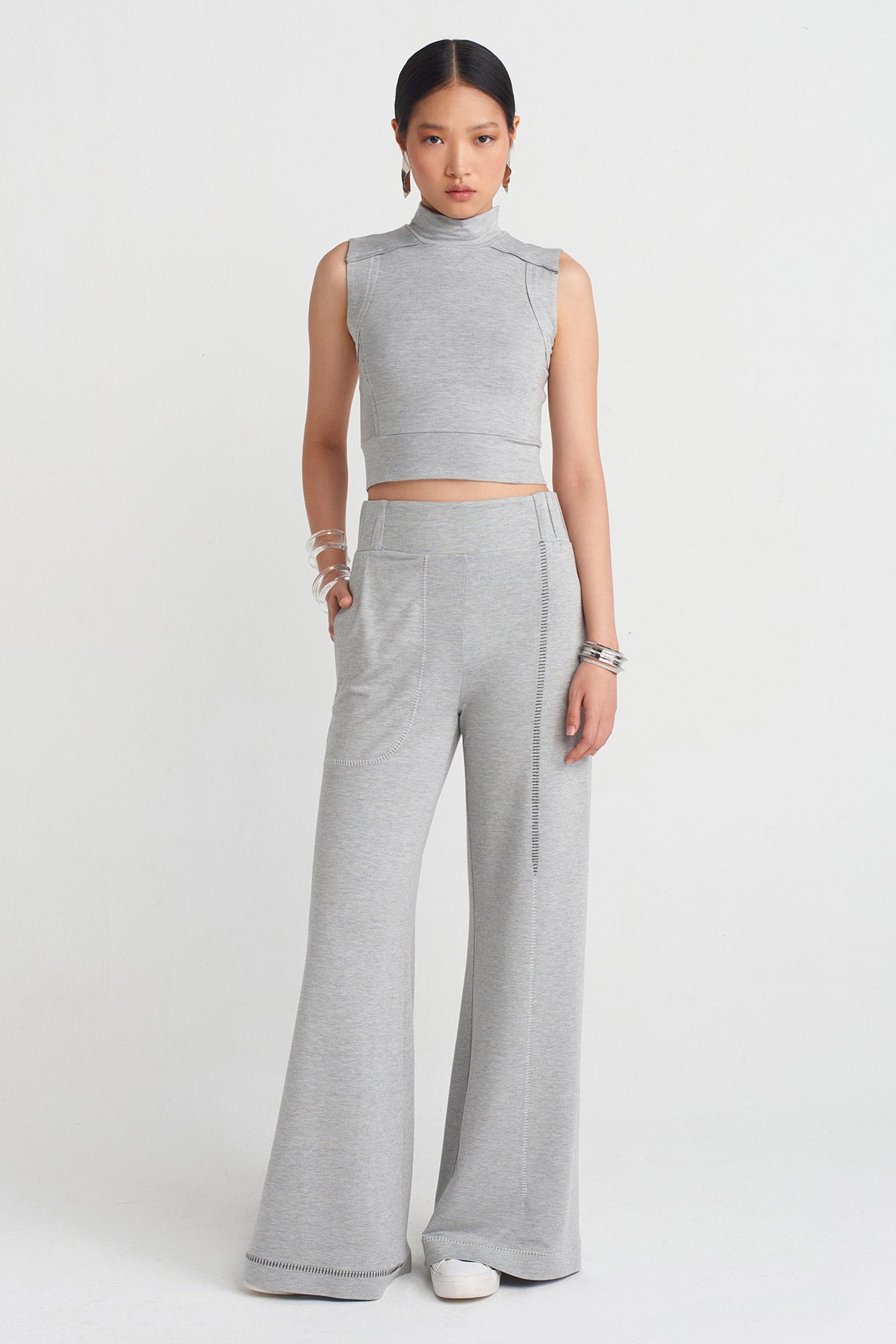 Grey Melange Stitch Detail Cozy Pants-Y253013058