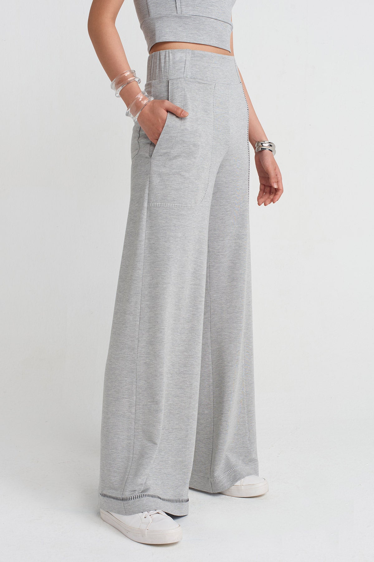 Grey Melange Stitch Detail Cozy Pants-Y253013058