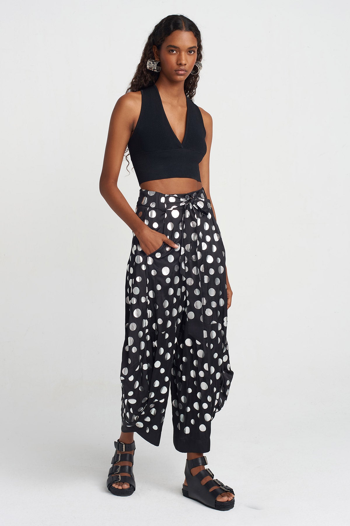 Black/Silver Printed Satin Pants-Y253013060