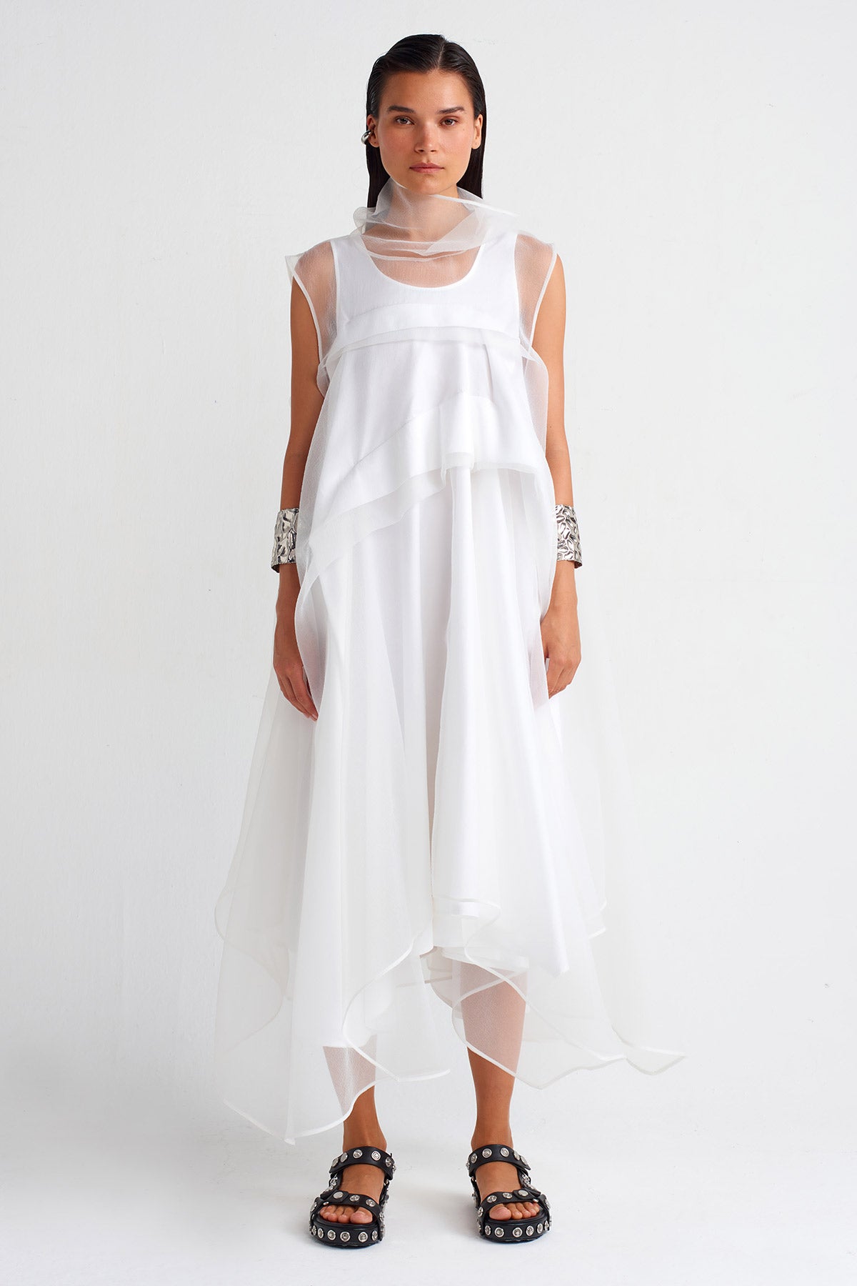 Off White Pleated Organza Dress-Y254014012