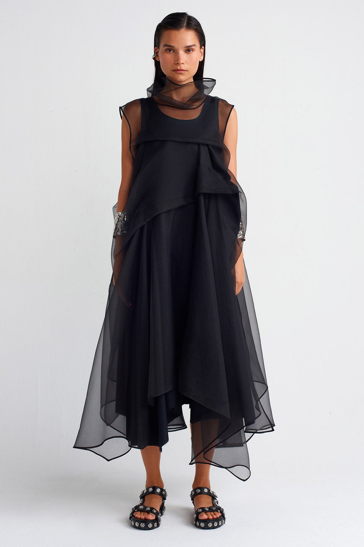 Black Pleated Organza Dress-Y254014012