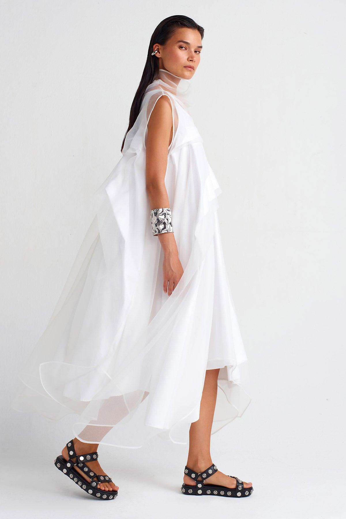 Off White Pleated Organza Dress-Y254014012