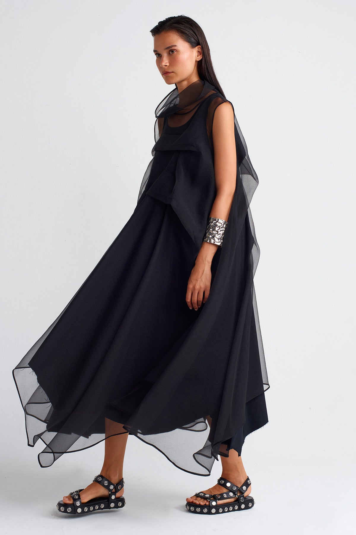 Black Pleated Organza Dress-Y254014012