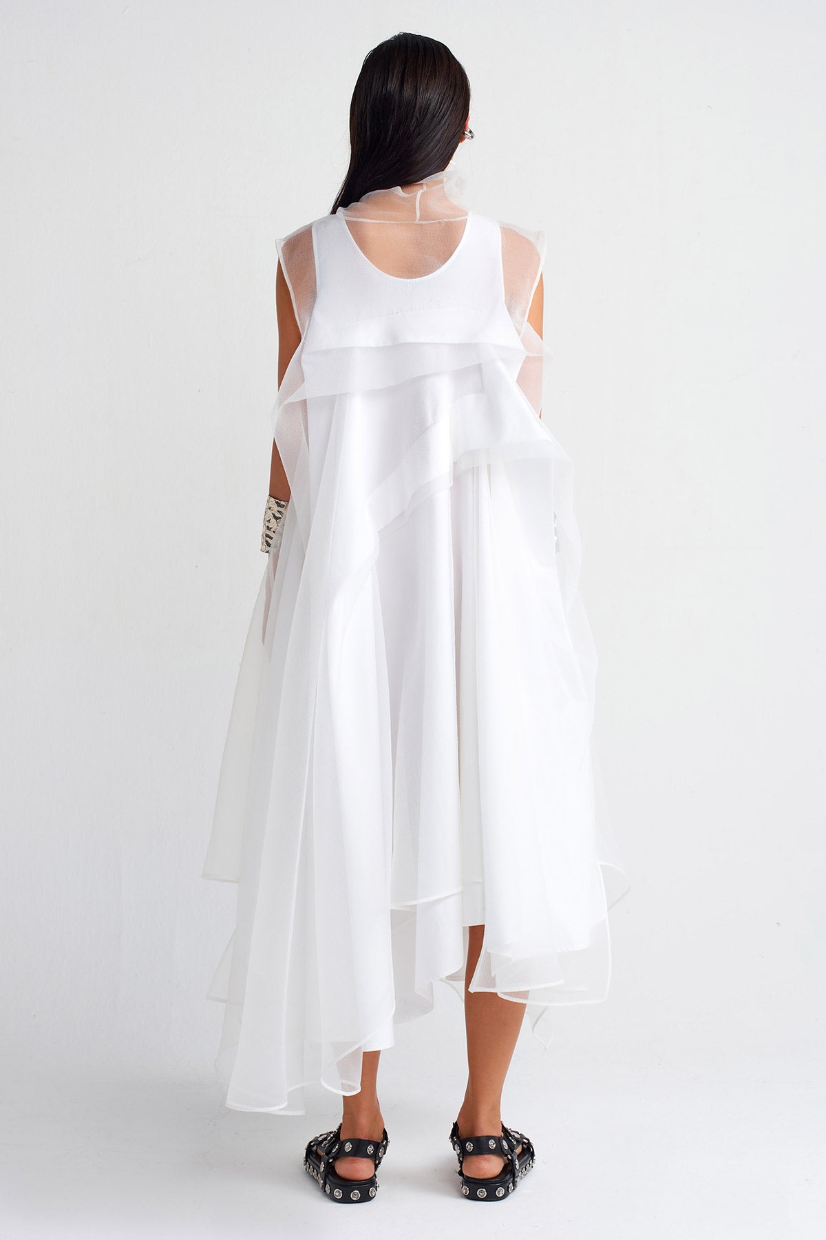 Off White Pleated Organza Dress-Y254014012