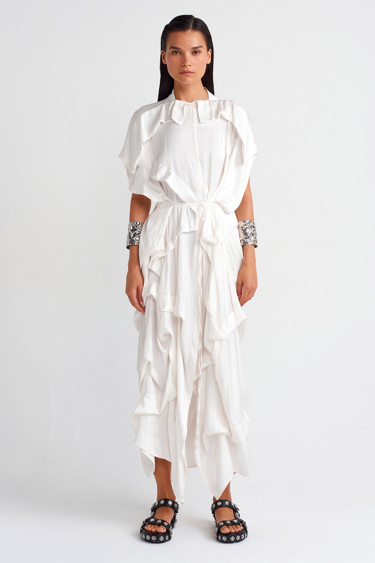 Off White Pleated Waist Tie Satin Dress-Y254014014