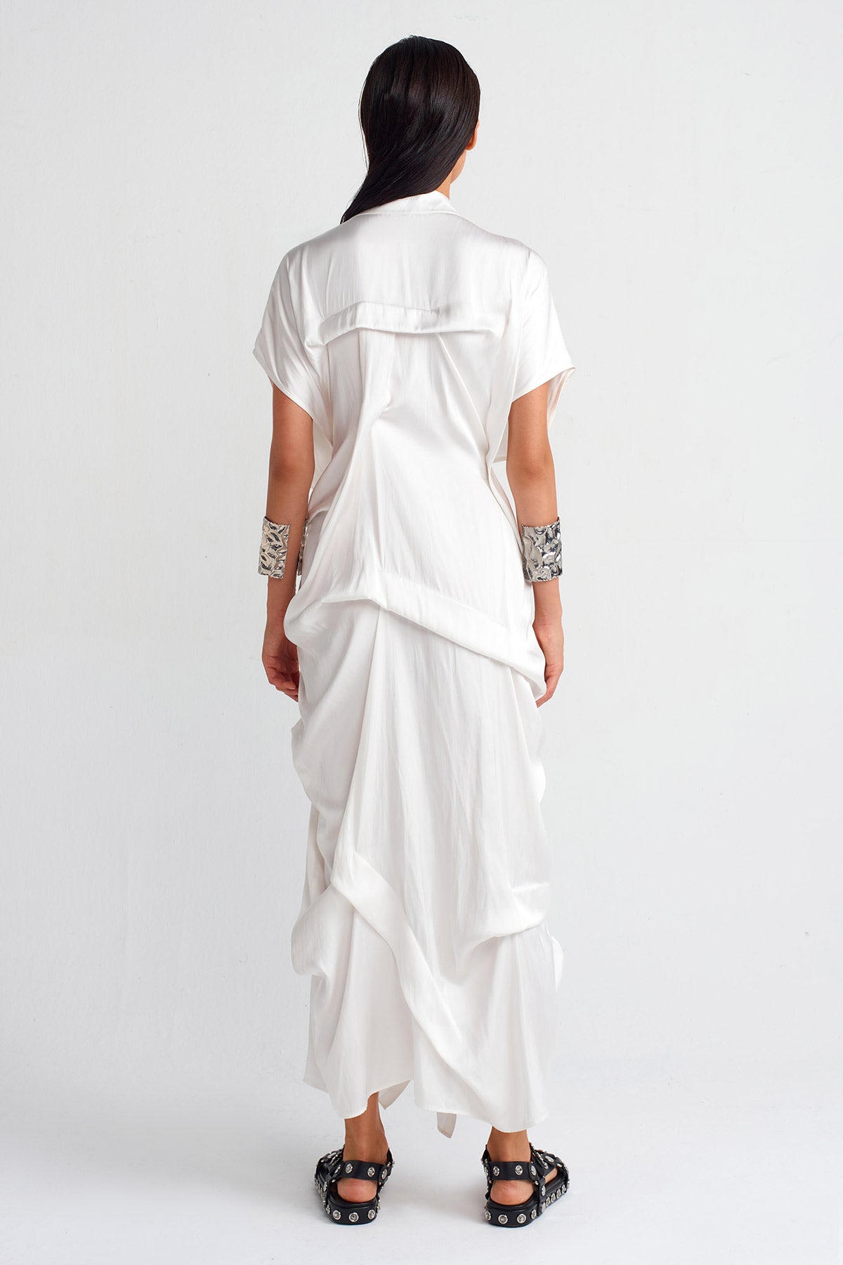 Off White Pleated Waist Tie Satin Dress-Y254014014