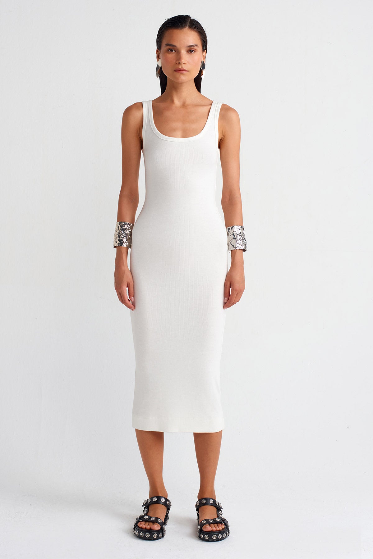 Off White Ribbed Midi Dress-Y254014016