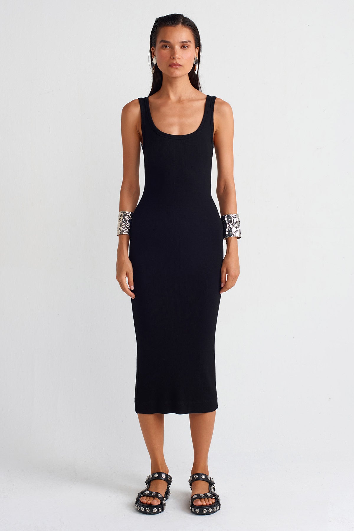 Black Ribbed Midi Dress-Y254014016