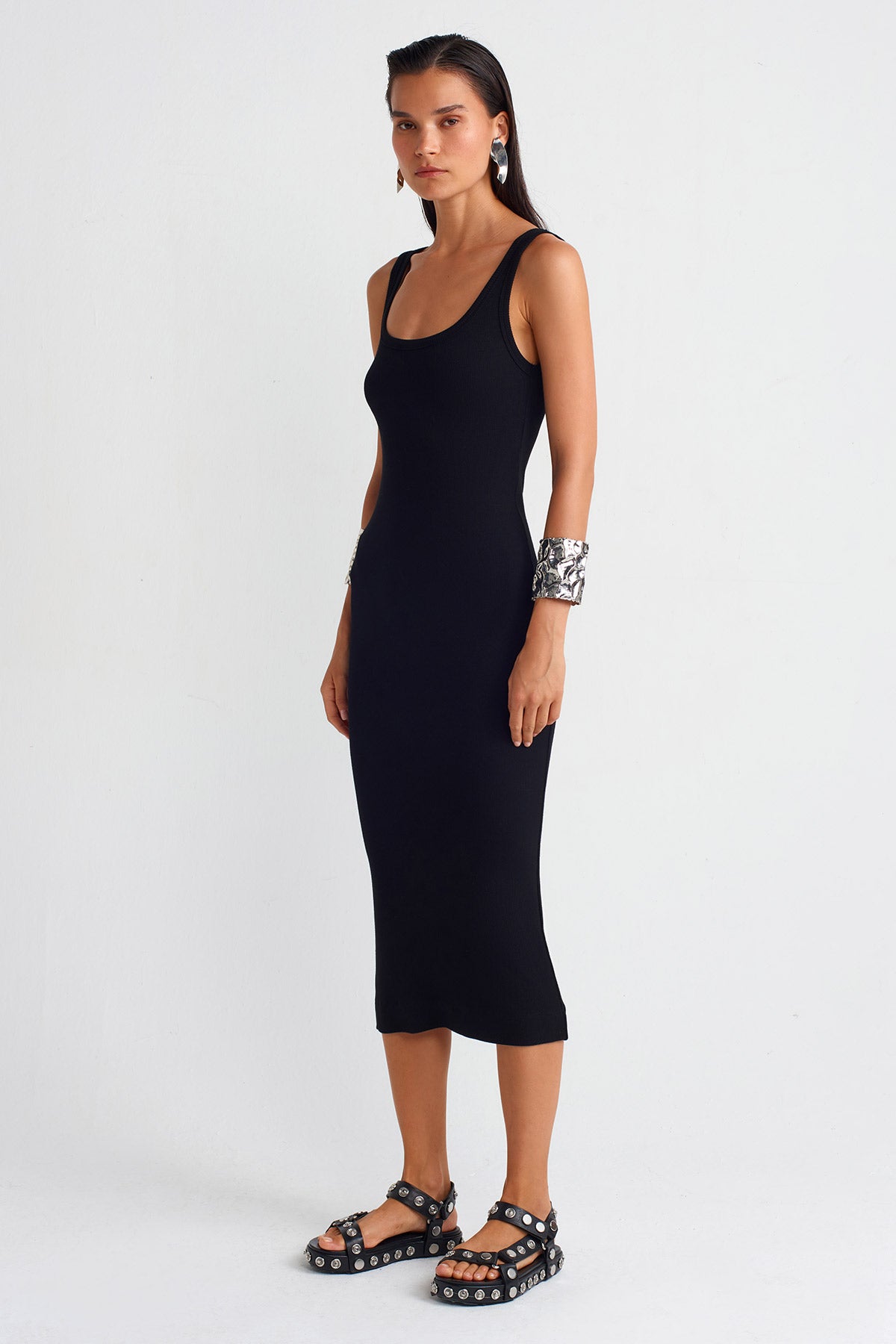 Black Ribbed Midi Dress-Y254014016