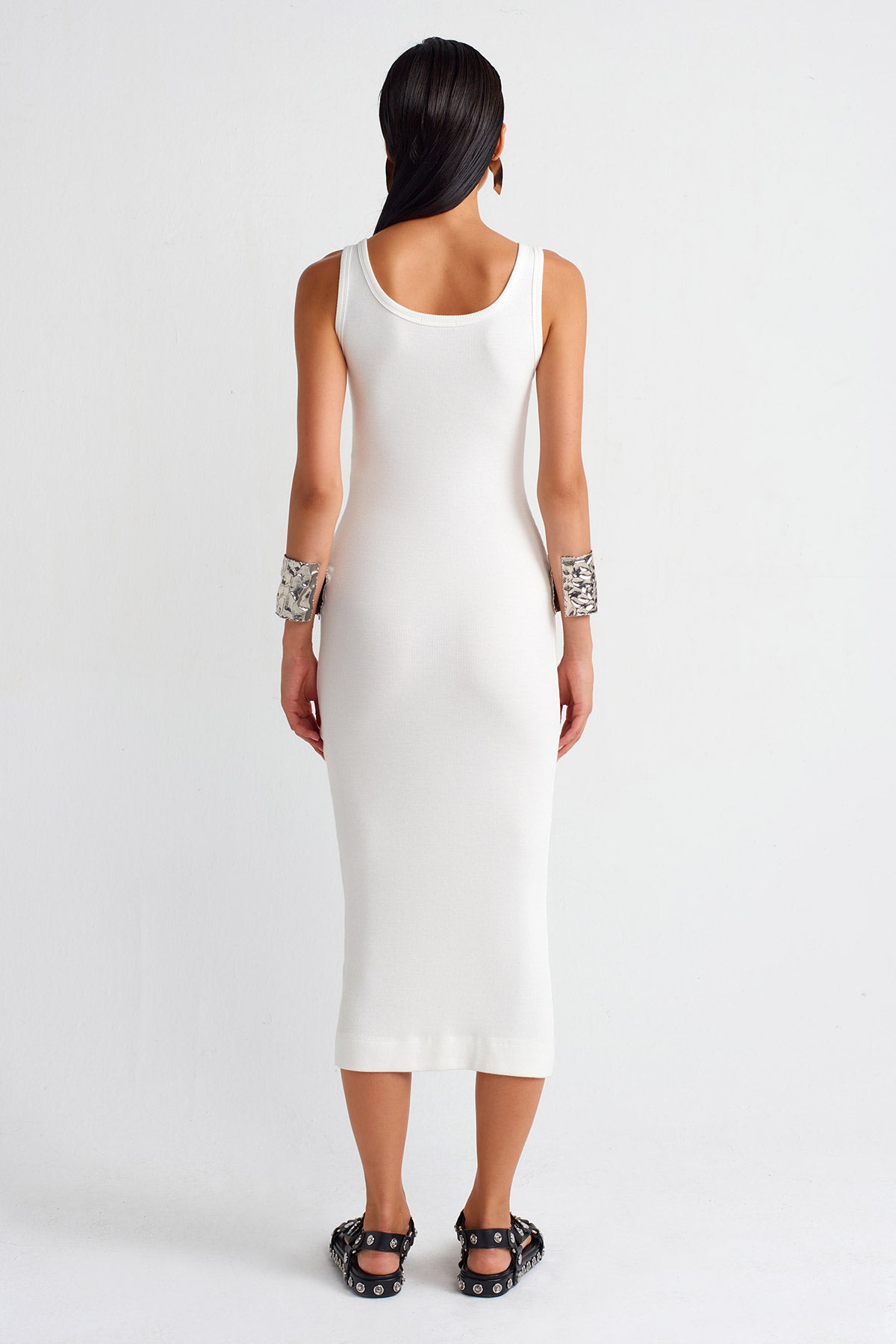 Off White Ribbed Midi Dress-Y254014016