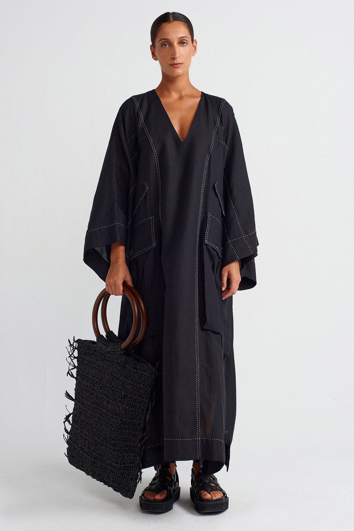 Black / White Contrast Stitched Pocket Linen Kaftan Dress-Y254014020