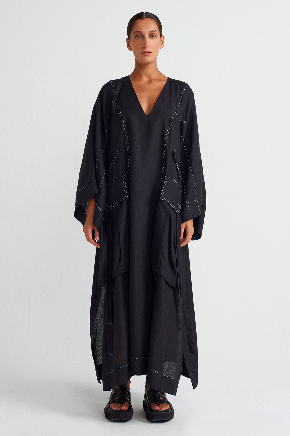 Black / White Contrast Stitched Pocket Linen Kaftan Dress-Y254014020