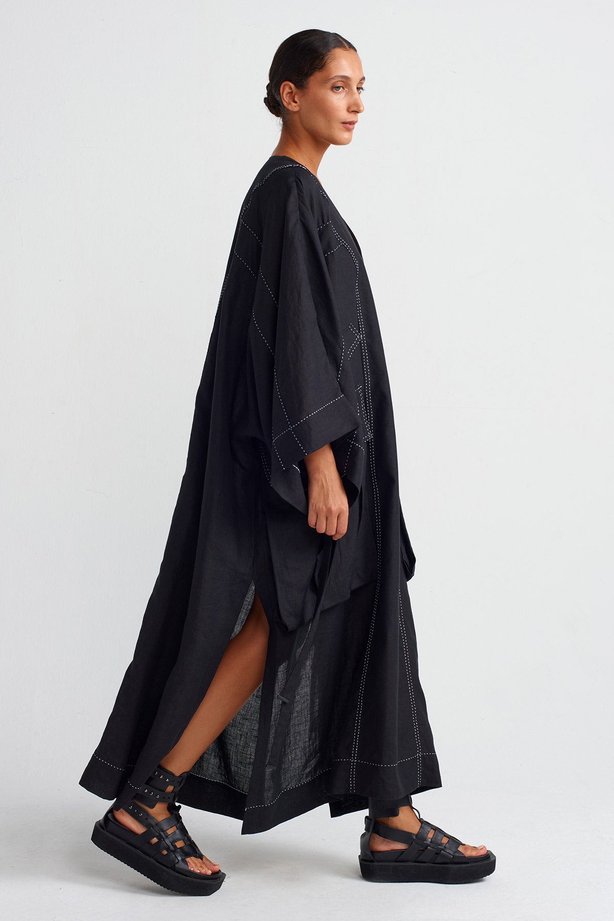 Black / White Contrast Stitched Pocket Linen Kaftan Dress-Y254014020