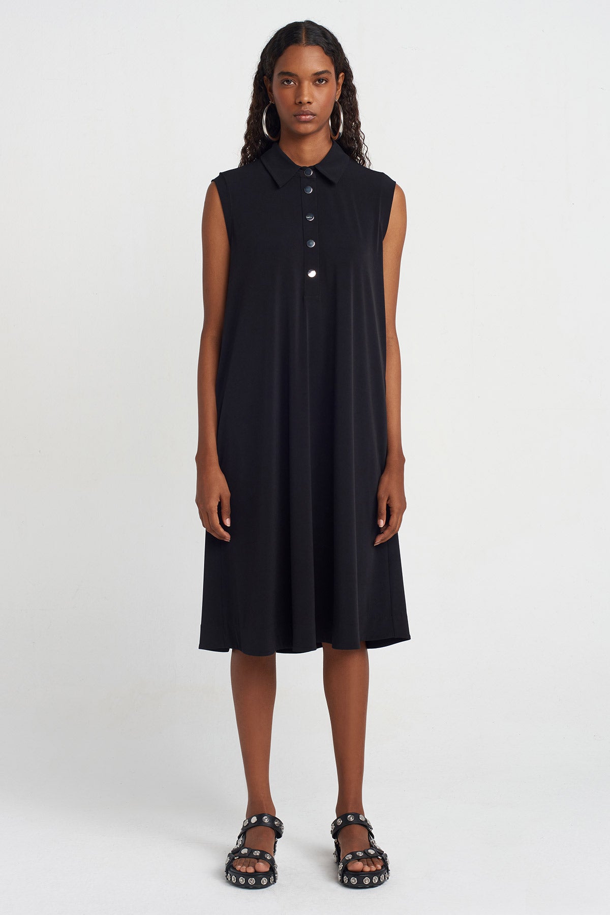 Black Eyelet Jersey Shirt Collar Dress-Y254014040