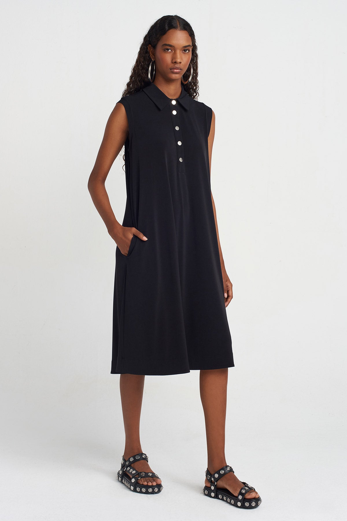 Black Eyelet Jersey Shirt Collar Dress-Y254014040