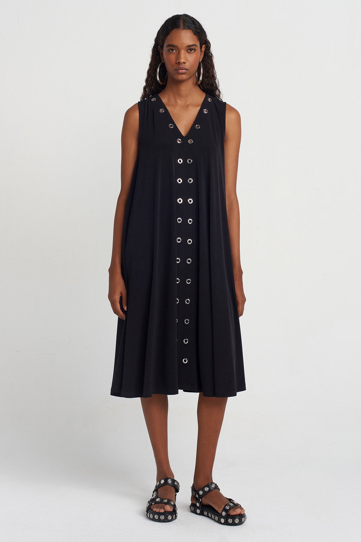 Black Eyelet Jersey Dress-Y254014041