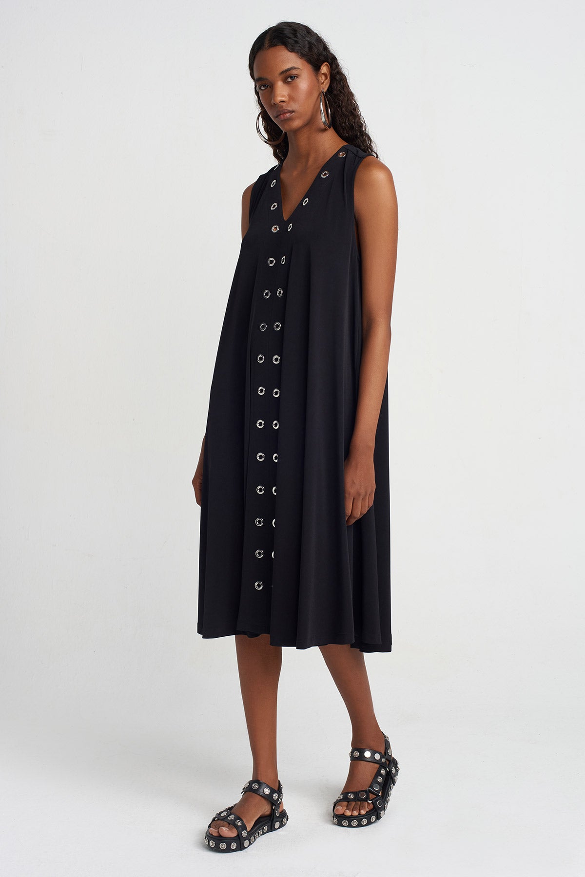 Black Eyelet Jersey Dress-Y254014041