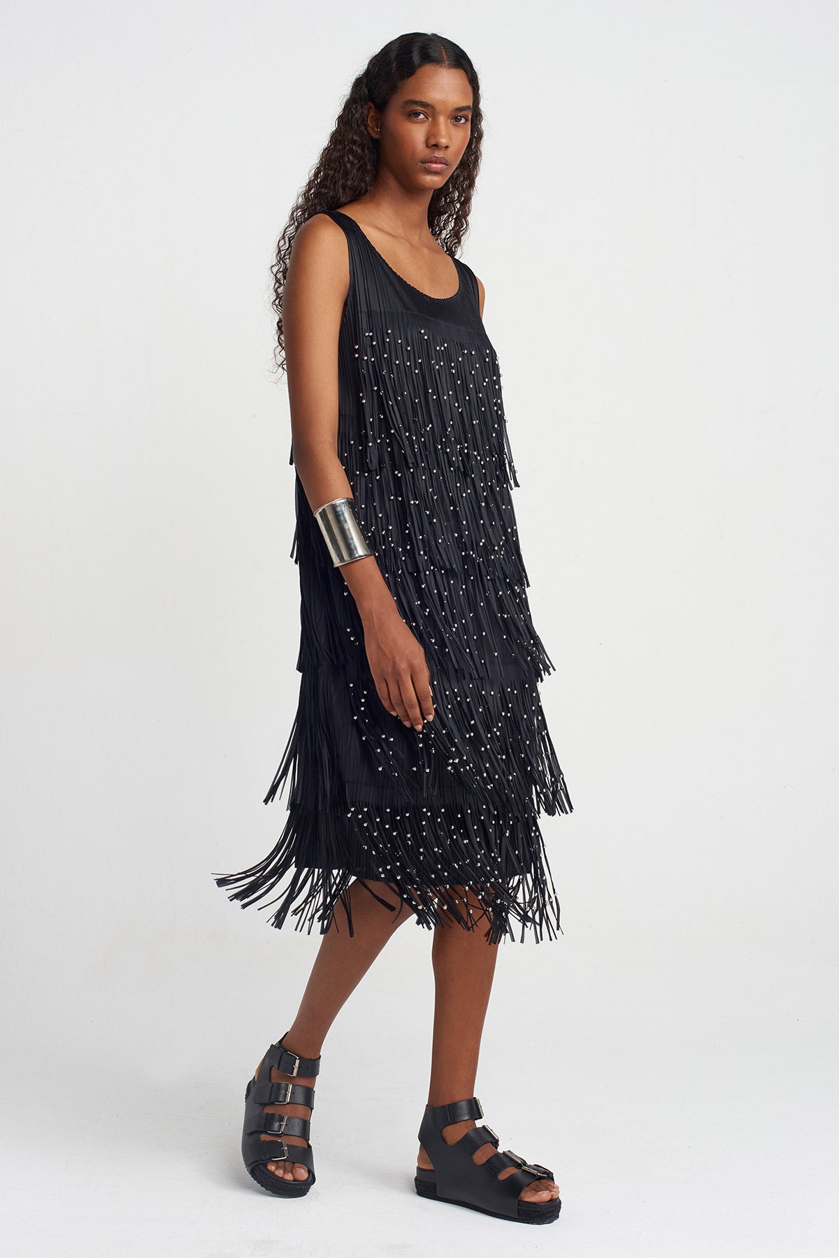 Black Fringed Pleated Dress-Y254014042