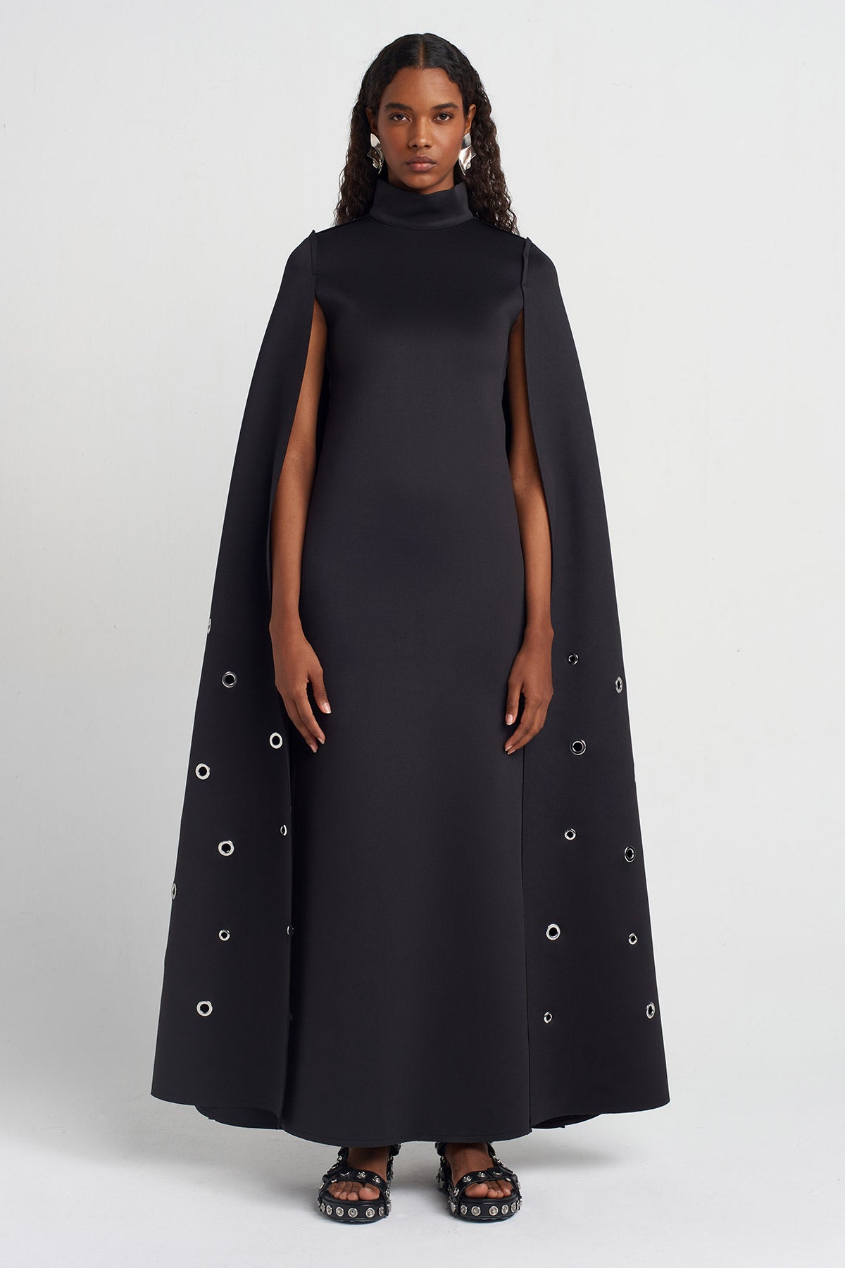 Black Eyelet Detail Cape Dress-Y254014051