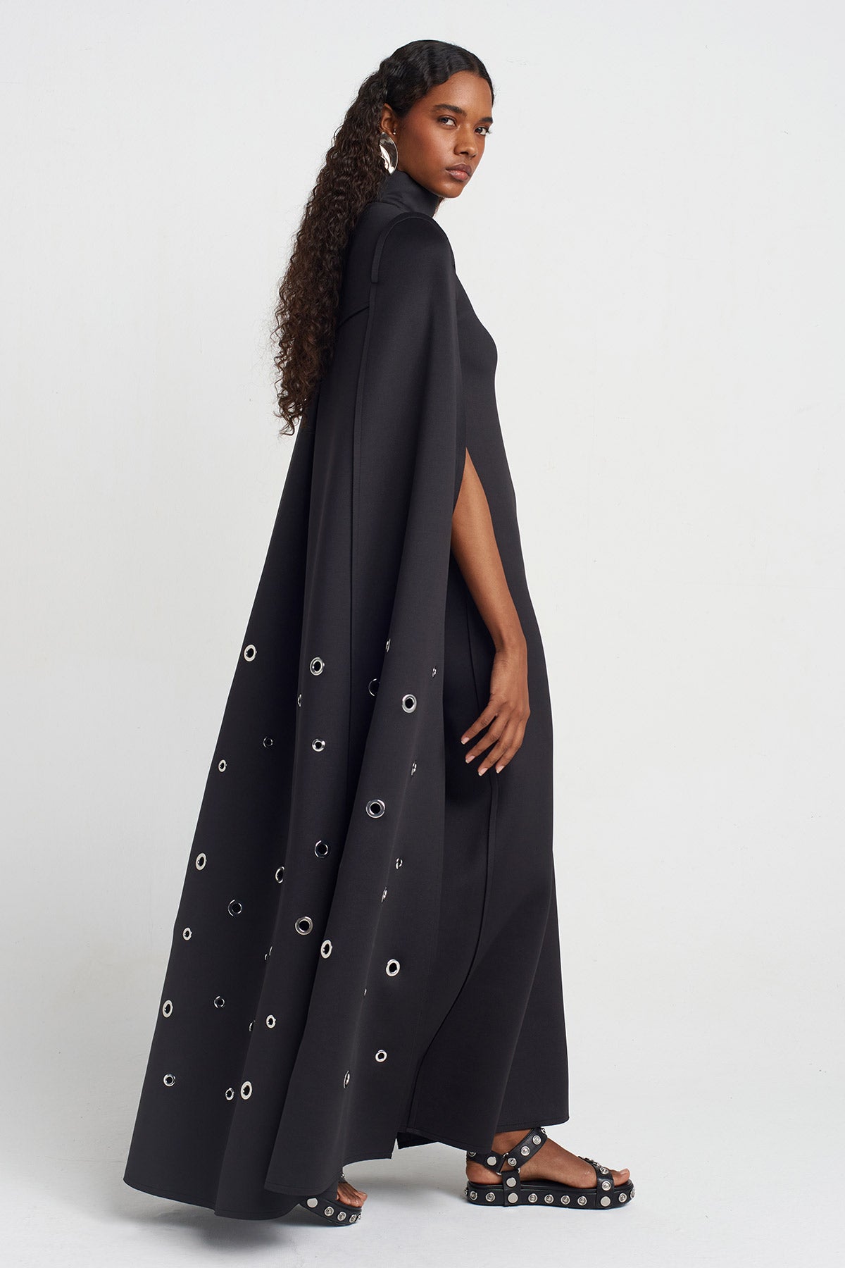 Black Eyelet Detail Cape Dress-Y254014051