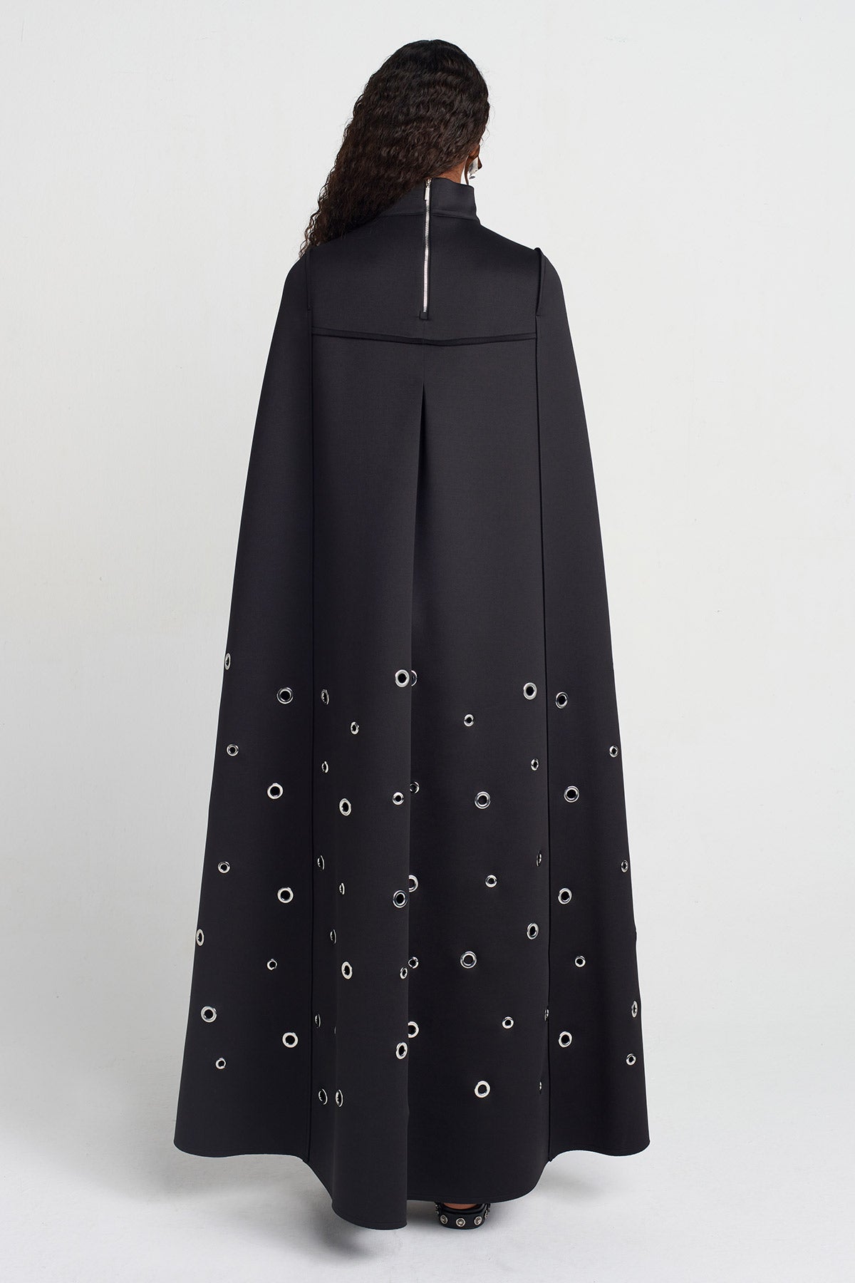 Black Eyelet Detail Cape Dress-Y254014051