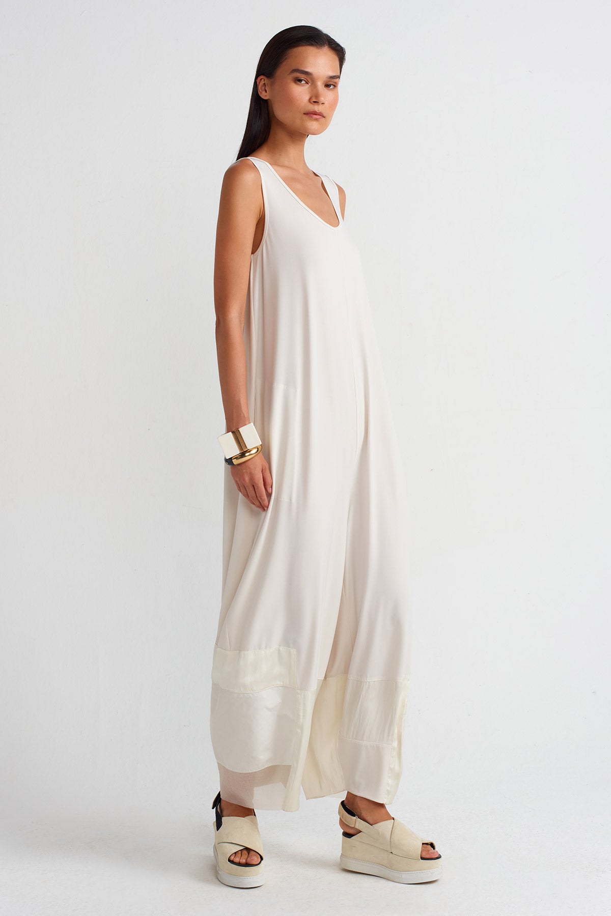 Ecru Organza and Taffeta Striped Jersey Jumpsuit-Y254014057