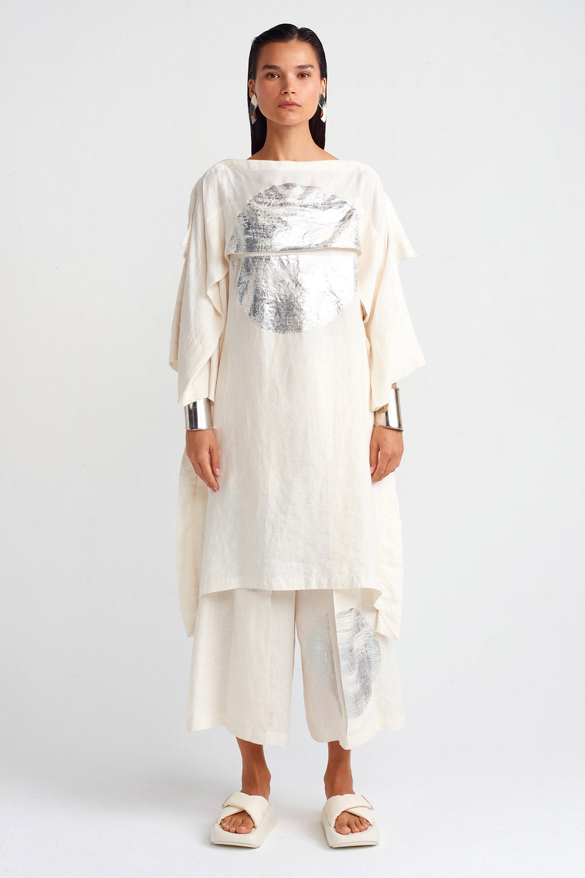 Silver Printed Linen Dress-Y254014063