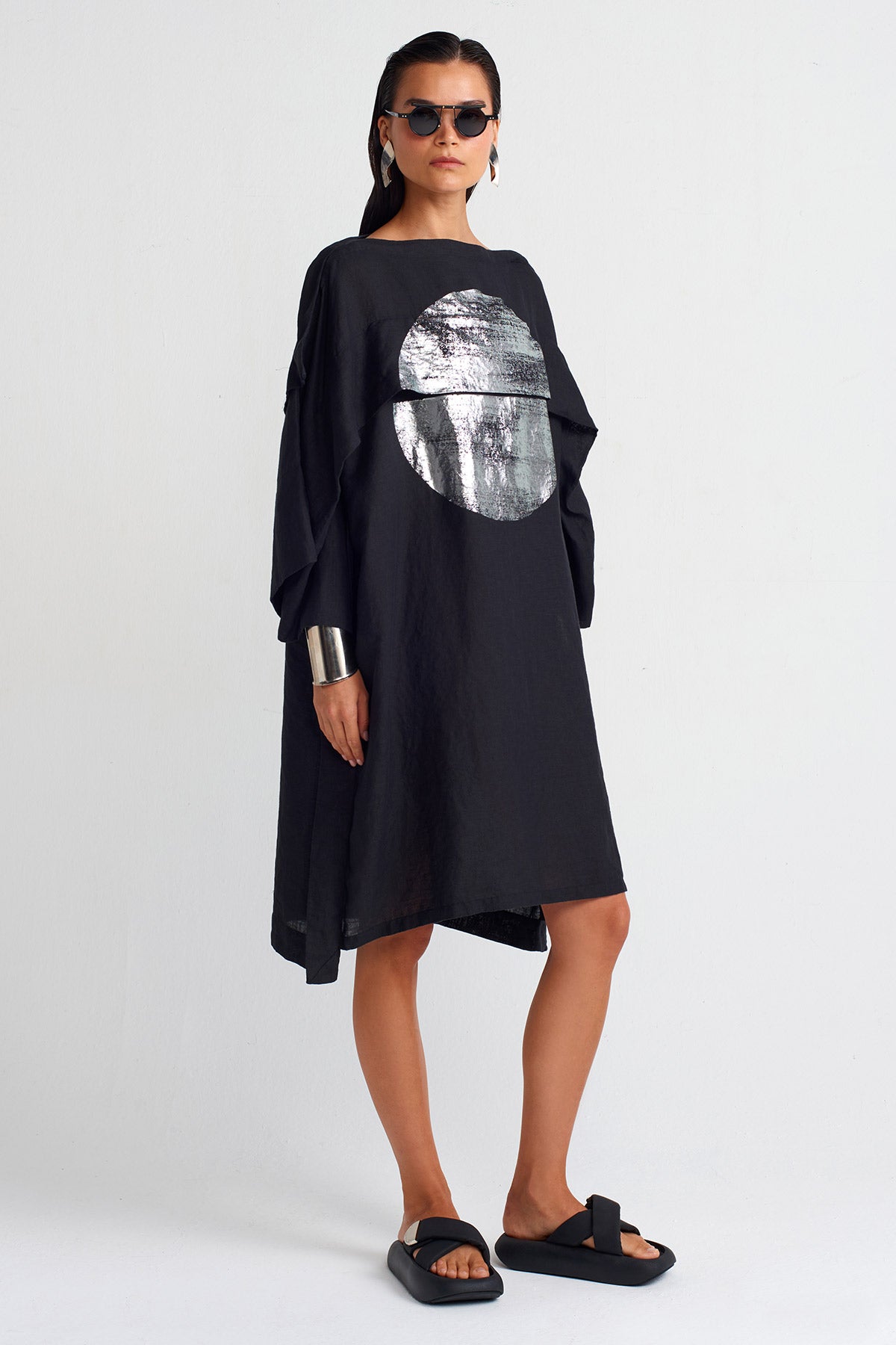 Black/Silver Silver Printed Linen Dress-Y254014063