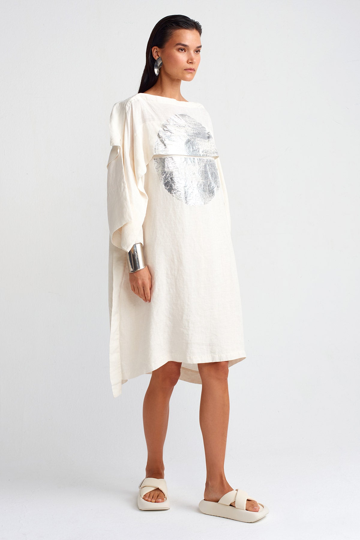 Silver Printed Linen Dress-Y254014063