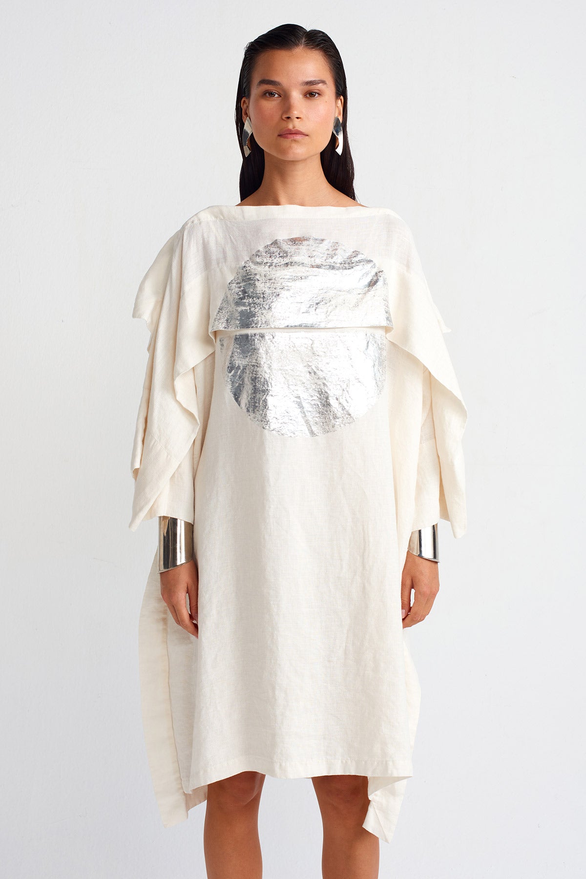 Silver Printed Linen Dress-Y254014063