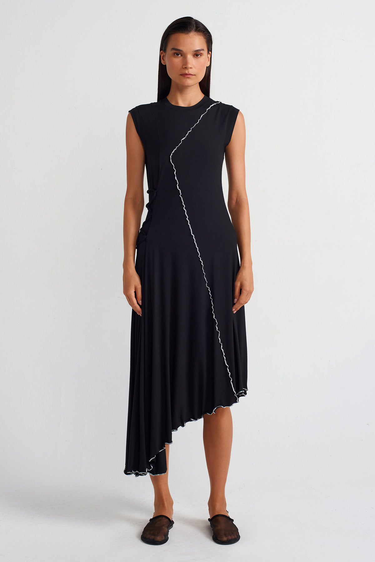 Black Contrast Lettuce Hem Dress-Y254014065